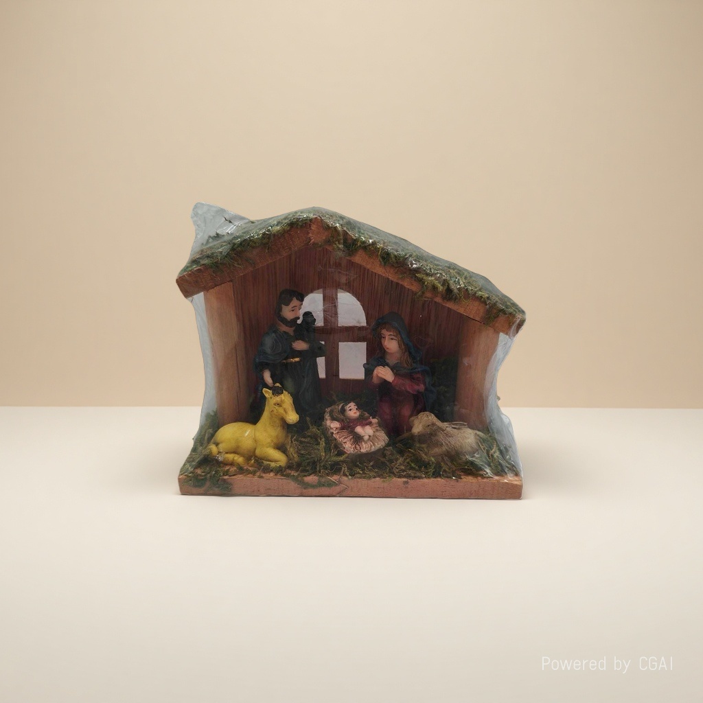 A miniature manger model of the Holy Family of three and animals in a Christmas scene Specification image