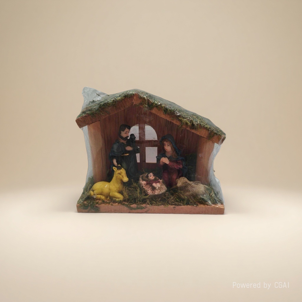 A miniature manger model of the Holy Family of three and animals in a Christmas scene Application Scenario