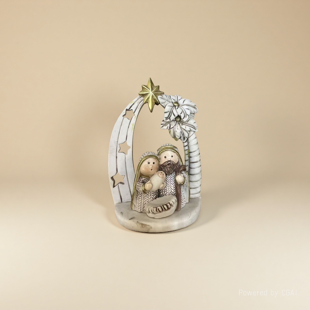 Christmas-themed Holy Family statues and Christmas decorations