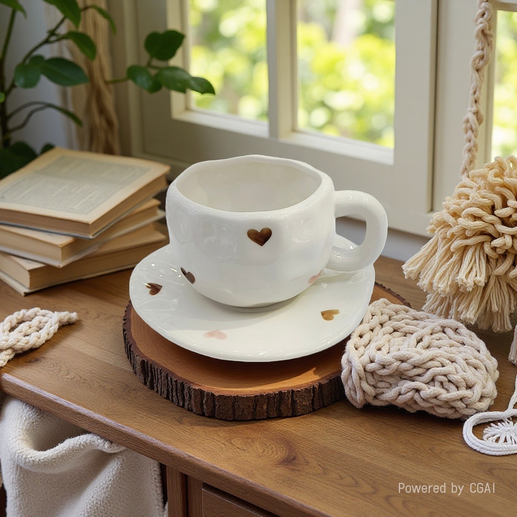 Beautiful coffee cup and plate set, commercial gift, irregular cross-border breakfast cup, ceramic country-style hand-painted underglaze color details Picture