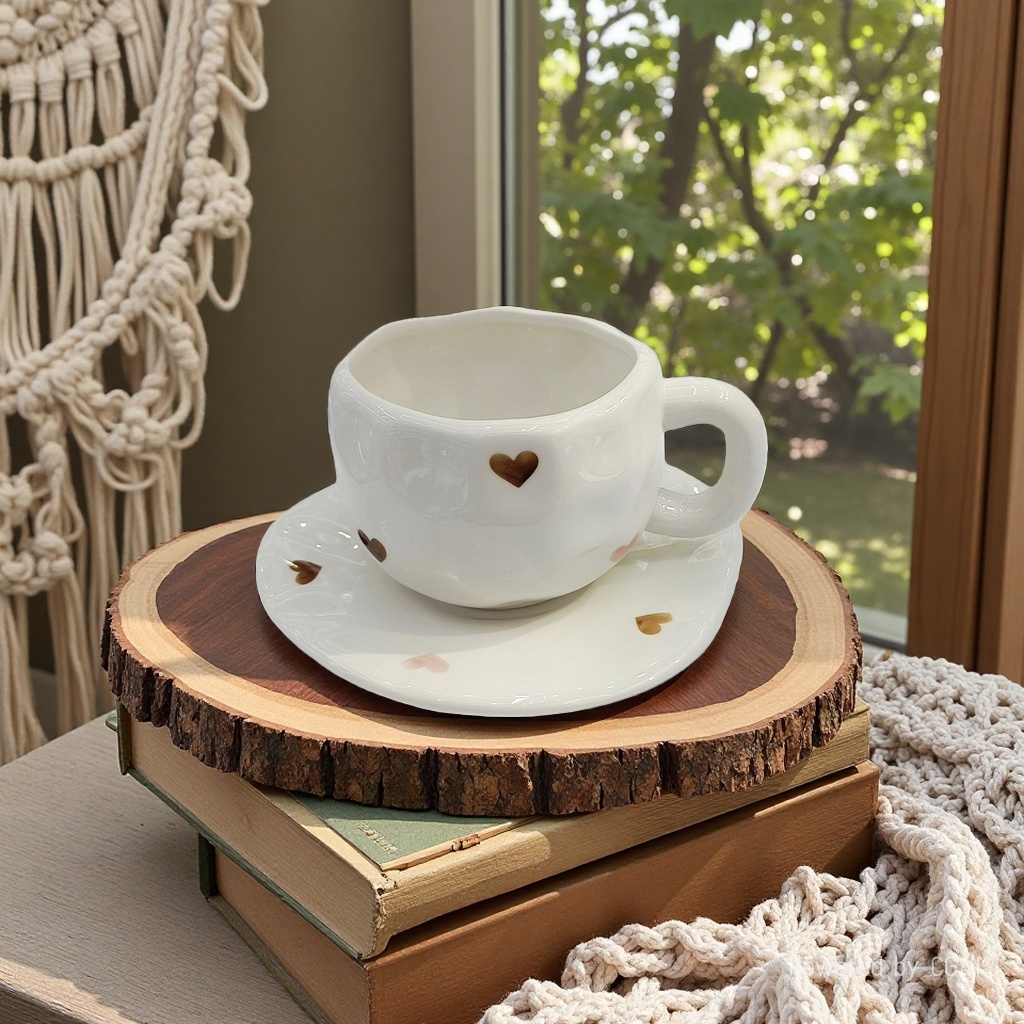 Beautiful coffee cup and plate set, commercial gift, irregular cross-border breakfast cup, ceramic country-style hand-painted underglaze color