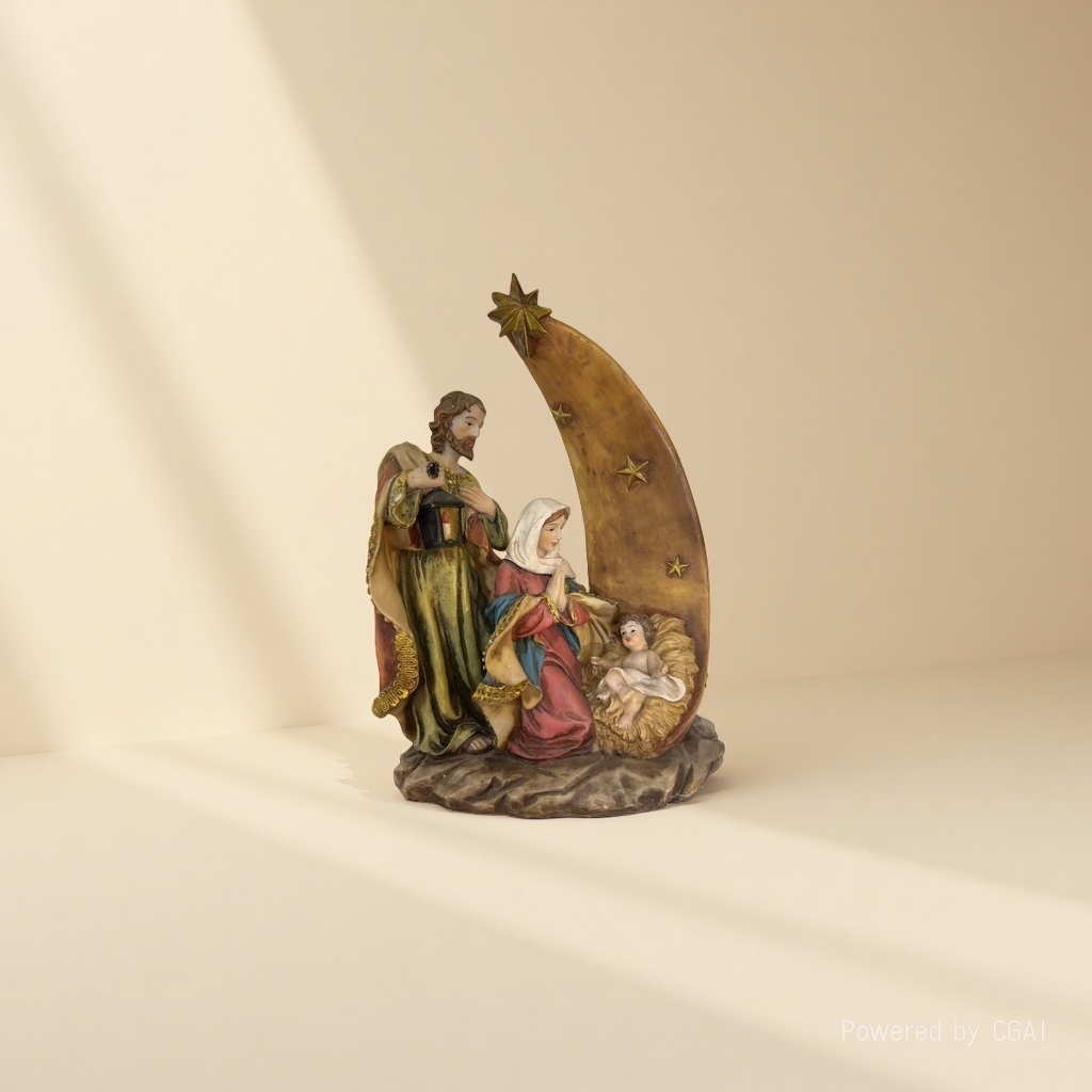 Resin statues of Saint Mary, Saint Joseph, Infant Jesus, Christmas scene, Buddha statues details Picture