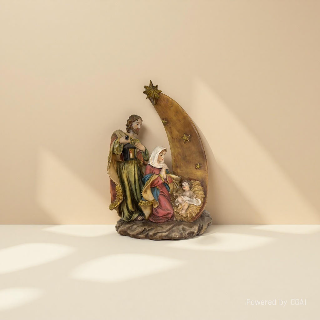 Resin statues of Saint Mary, Saint Joseph, Infant Jesus, Christmas scene, Buddha statues