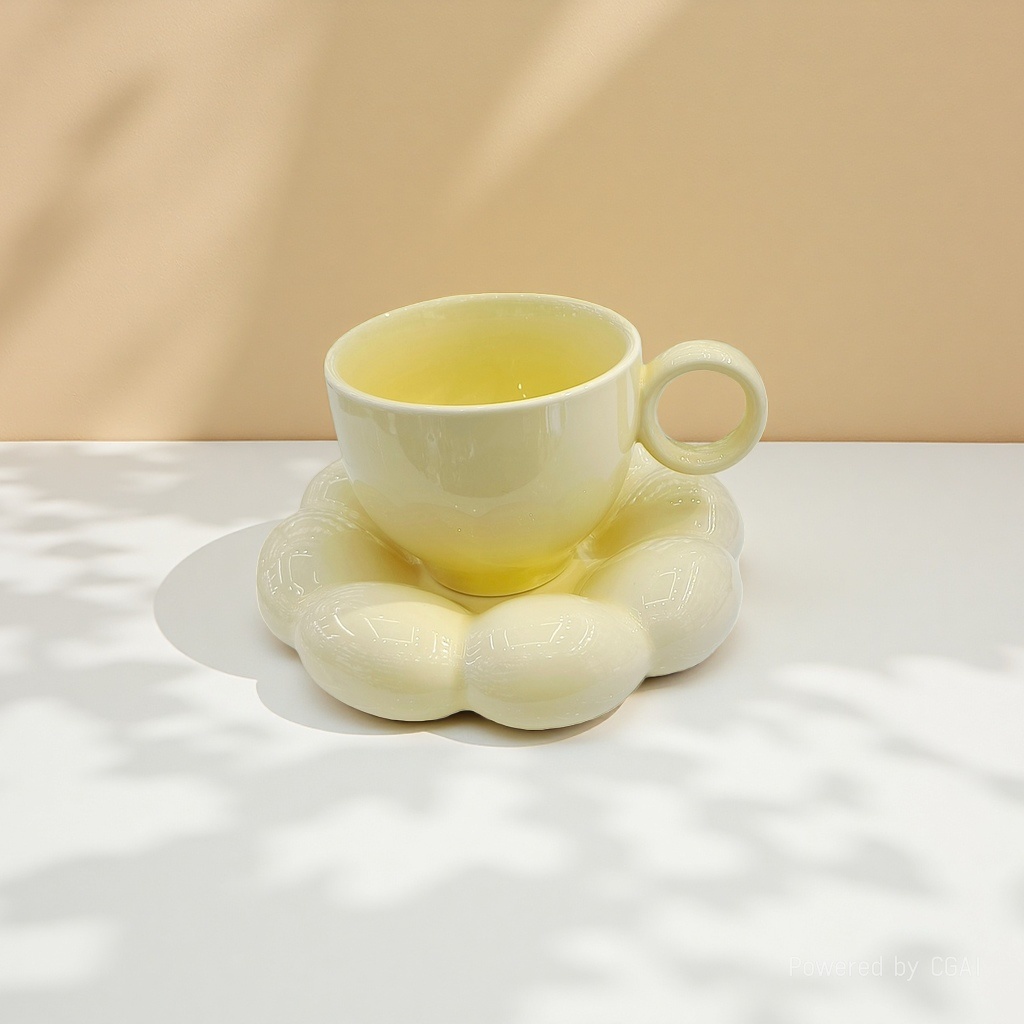 Light yellow luxury coffee cup set, afternoon tea cups with high appearance level, breakfast cups, and niche ins-style creative flower cups