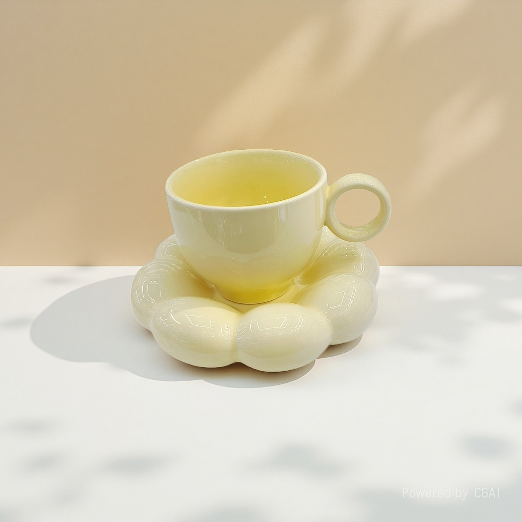 Light yellow luxury coffee cup set, afternoon tea cups with high appearance level, breakfast cups, and niche ins-style creative flower cups details Picture