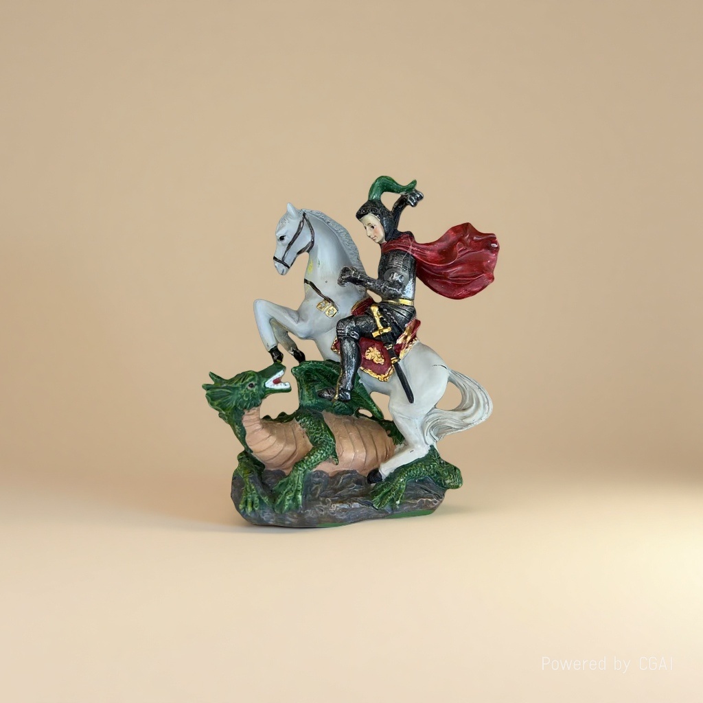 A statue of a knight riding a horse and slaying a dragon details Picture