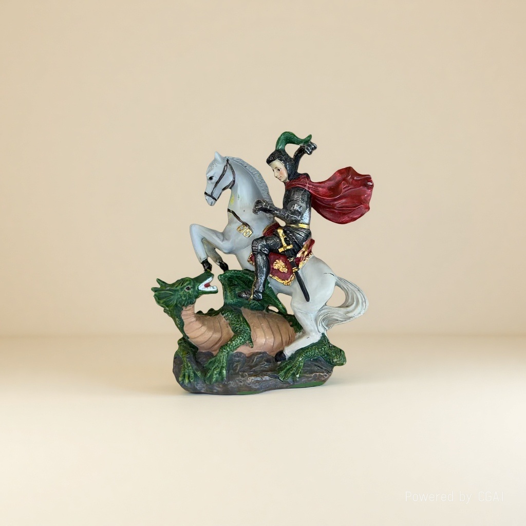 A statue of a knight riding a horse and slaying a dragon Specification image