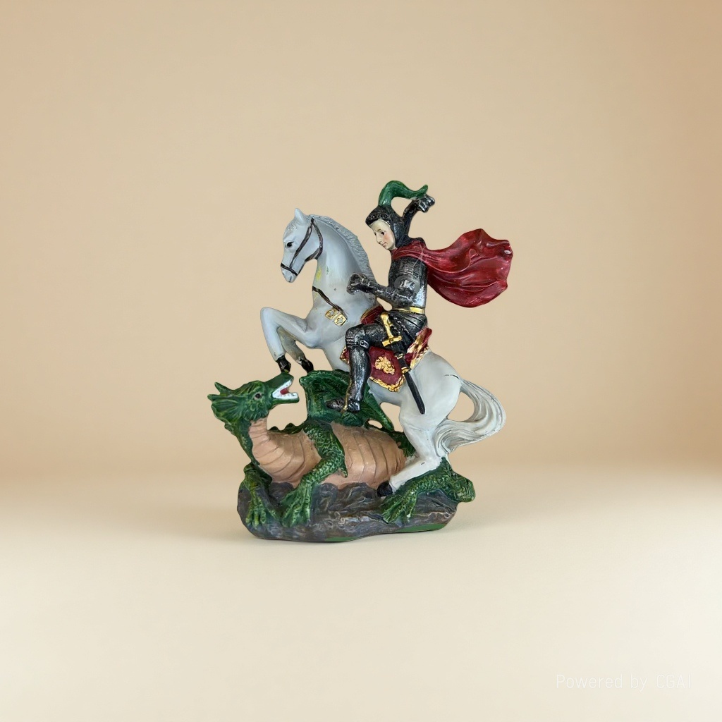 A statue of a knight riding a horse and slaying a dragon