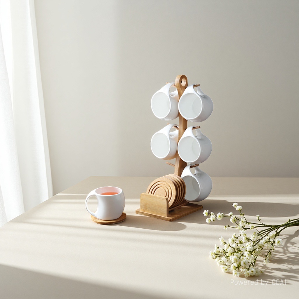 Coffee cup and saucer set, simple water ware, ceramic heat-resistant water cup, creative 6-piece set with bamboo stand coasters, home use 112421558 Specification image