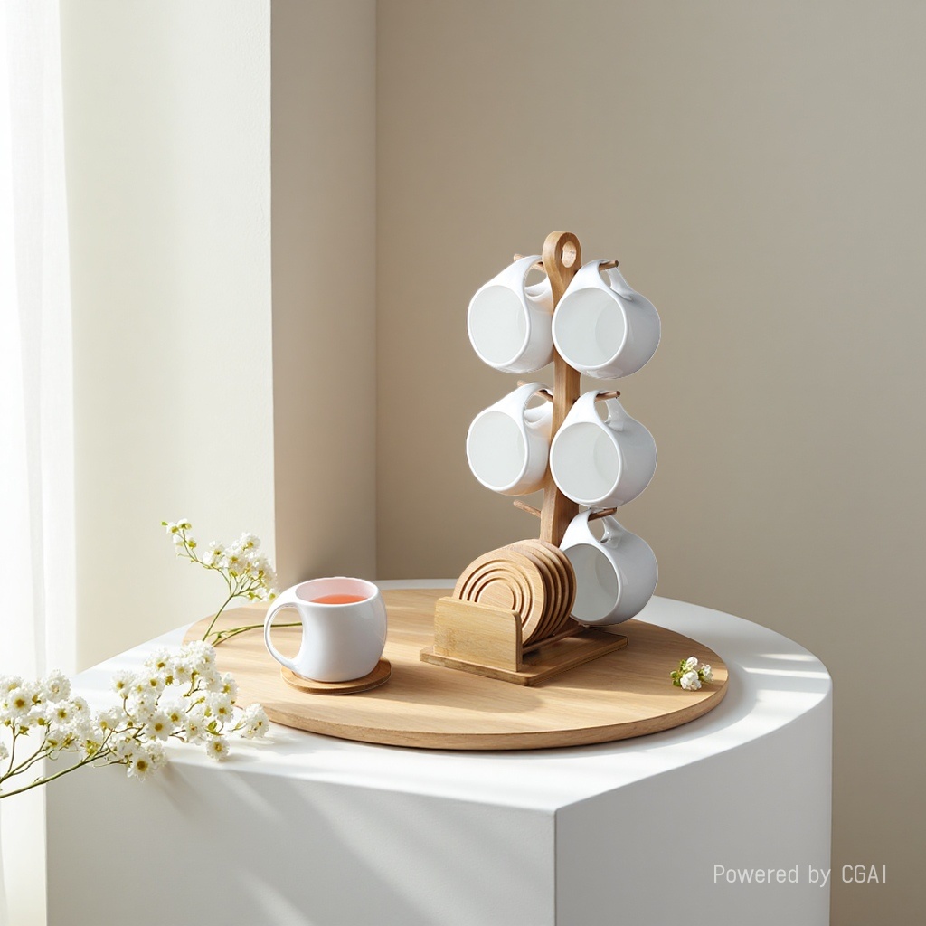Coffee cup and saucer set, simple water ware, ceramic heat-resistant water cup, creative 6-piece set with bamboo stand coasters, home use 112421558 Application Scenario