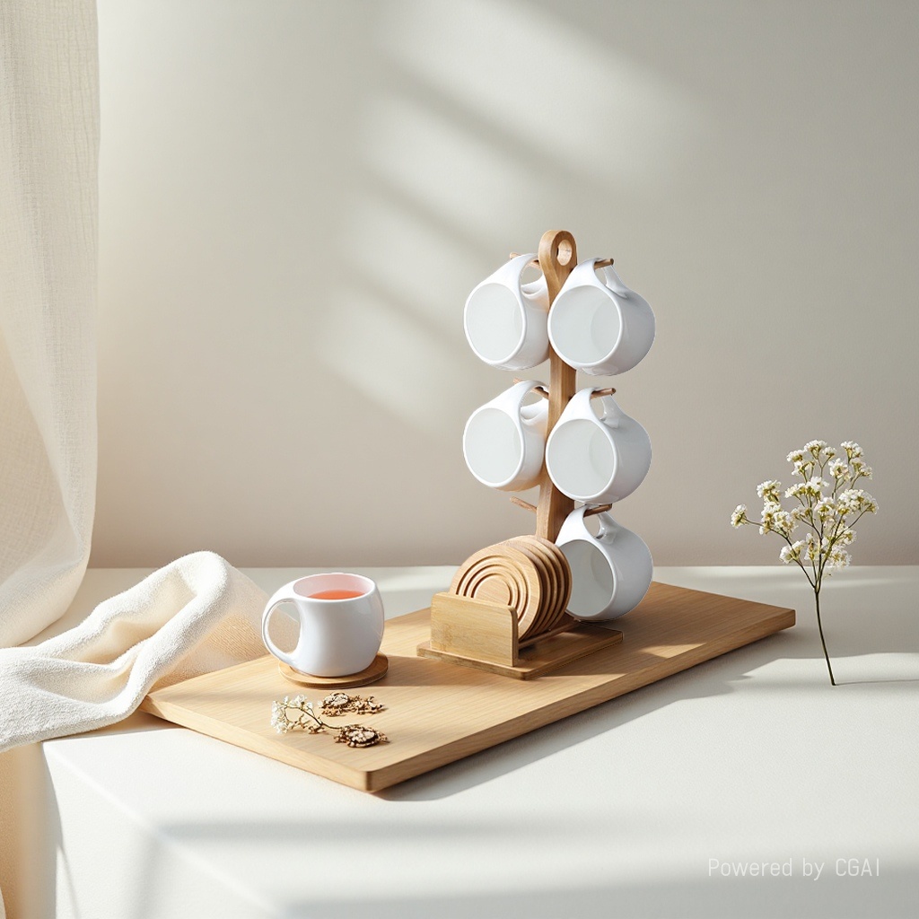 Coffee cup and saucer set, simple water ware, ceramic heat-resistant water cup, creative 6-piece set with bamboo stand coasters, home use 112421558 details Picture