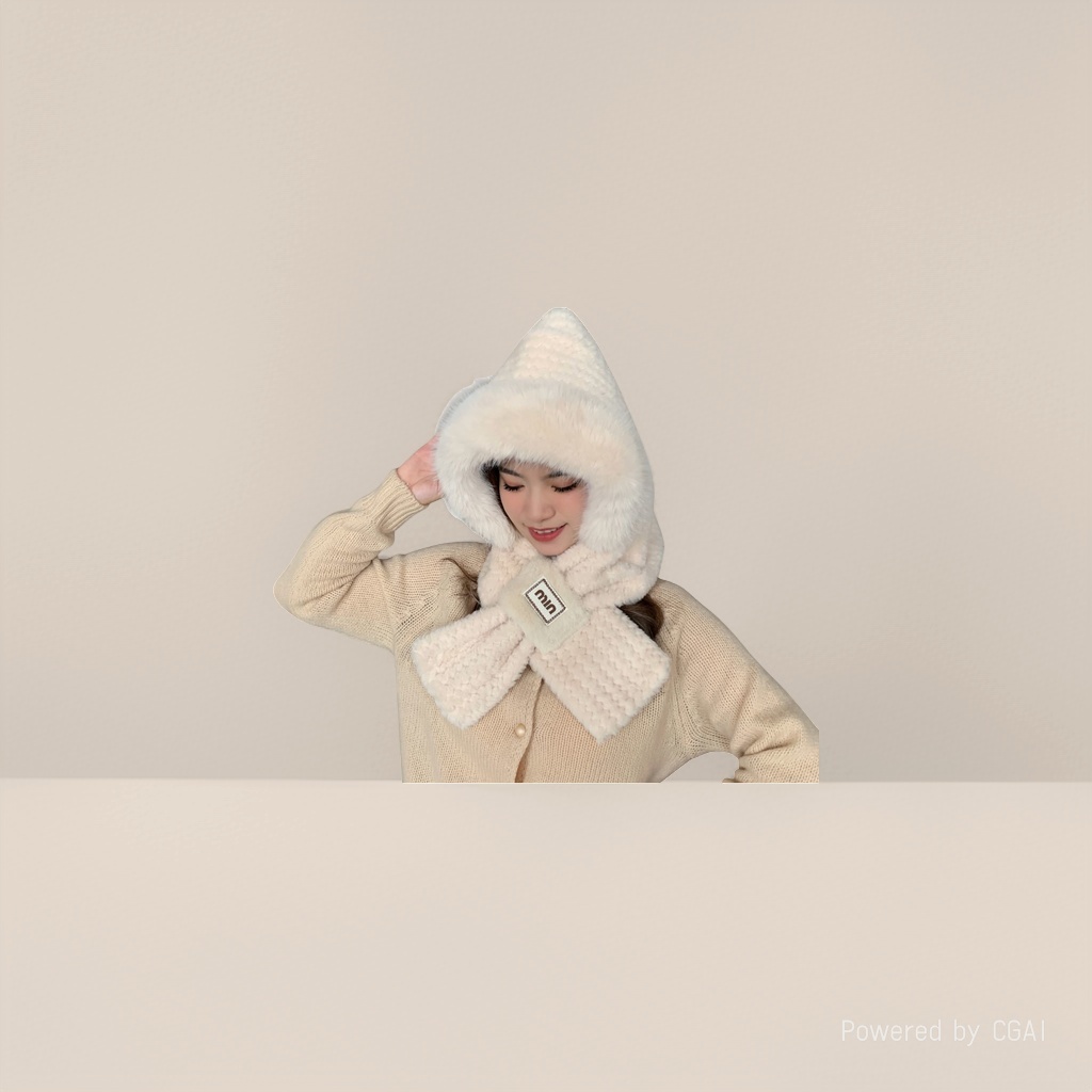 Simple two-piece hat set, hat and scarf in one, women's winter in the north, thick and versatile, cold-proof ear-protecting cap Item Picture