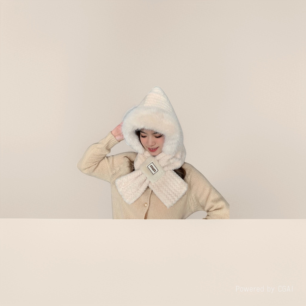 Simple two-piece hat set, hat and scarf in one, women's winter in the north, thick and versatile, cold-proof ear-protecting cap details Picture