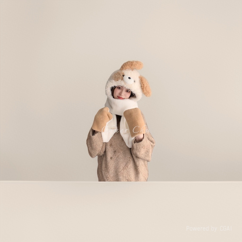 The Chu 'er MZ-2510 Douyin color-blocking puppy three-piece hat is so cute, a plush hat Application Scenario
