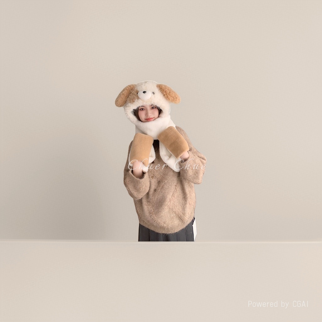 The Chu 'er MZ-2510 Douyin color-blocking puppy three-piece hat is so cute, a plush hat Specification image