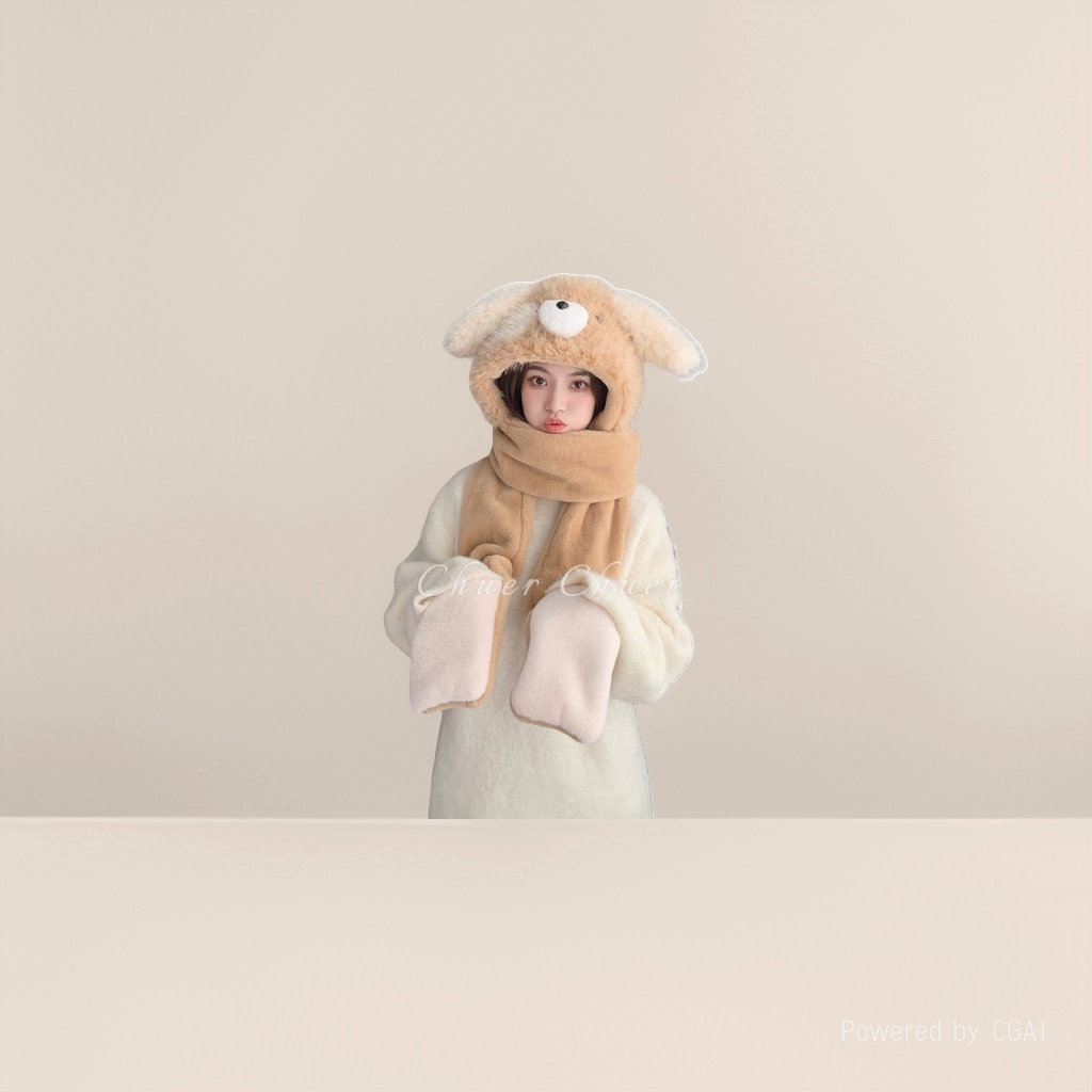 The Chu 'er MZ-2510 Douyin color-blocking puppy three-piece hat is so cute, a plush hat Item Picture