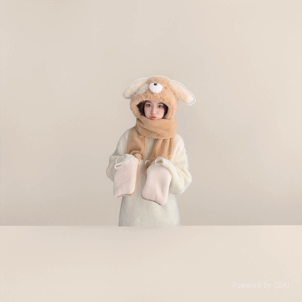 The Chu 'er MZ-2510 Douyin color-blocking puppy three-piece hat is so cute, a plush hat details Picture