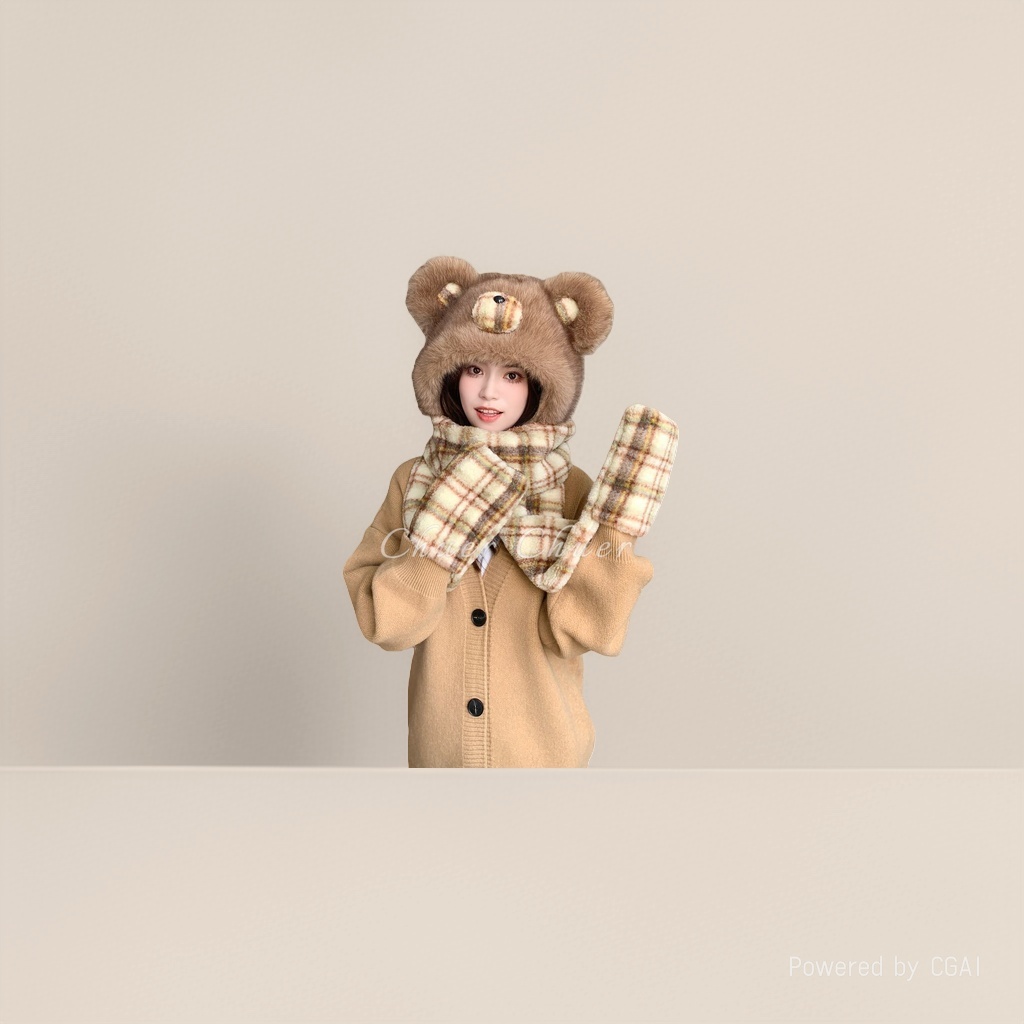 A checkered bear plush hat, scarf and gloves one-piece set for women's winter, thickened, warm, cold-proof and ear-protecting three-piece cap Item Picture