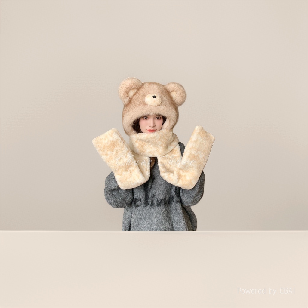 A checkered bear plush hat, scarf and gloves one-piece set for women's winter, thickened, warm, cold-proof and ear-protecting three-piece cap Application Scenario