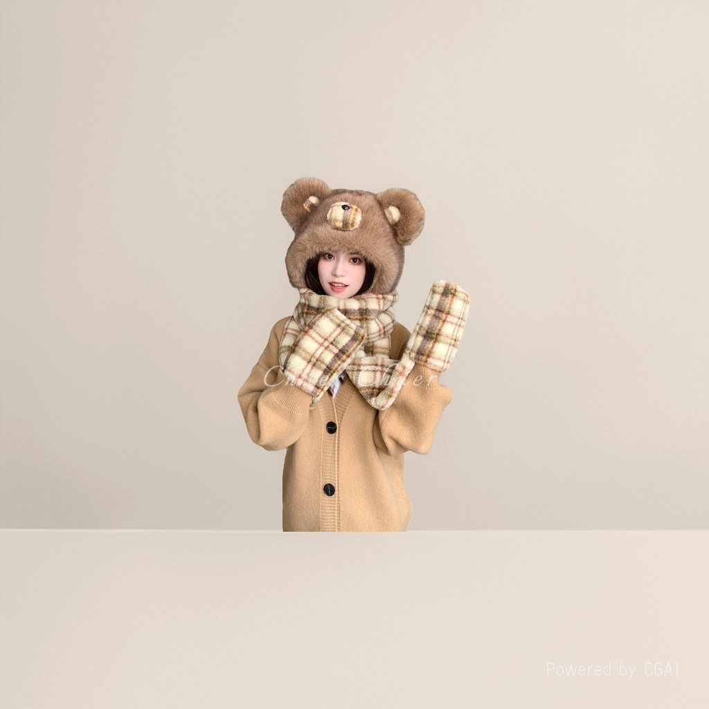 A checkered bear plush hat, scarf and gloves one-piece set for women's winter, thickened, warm, cold-proof and ear-protecting three-piece cap details Picture