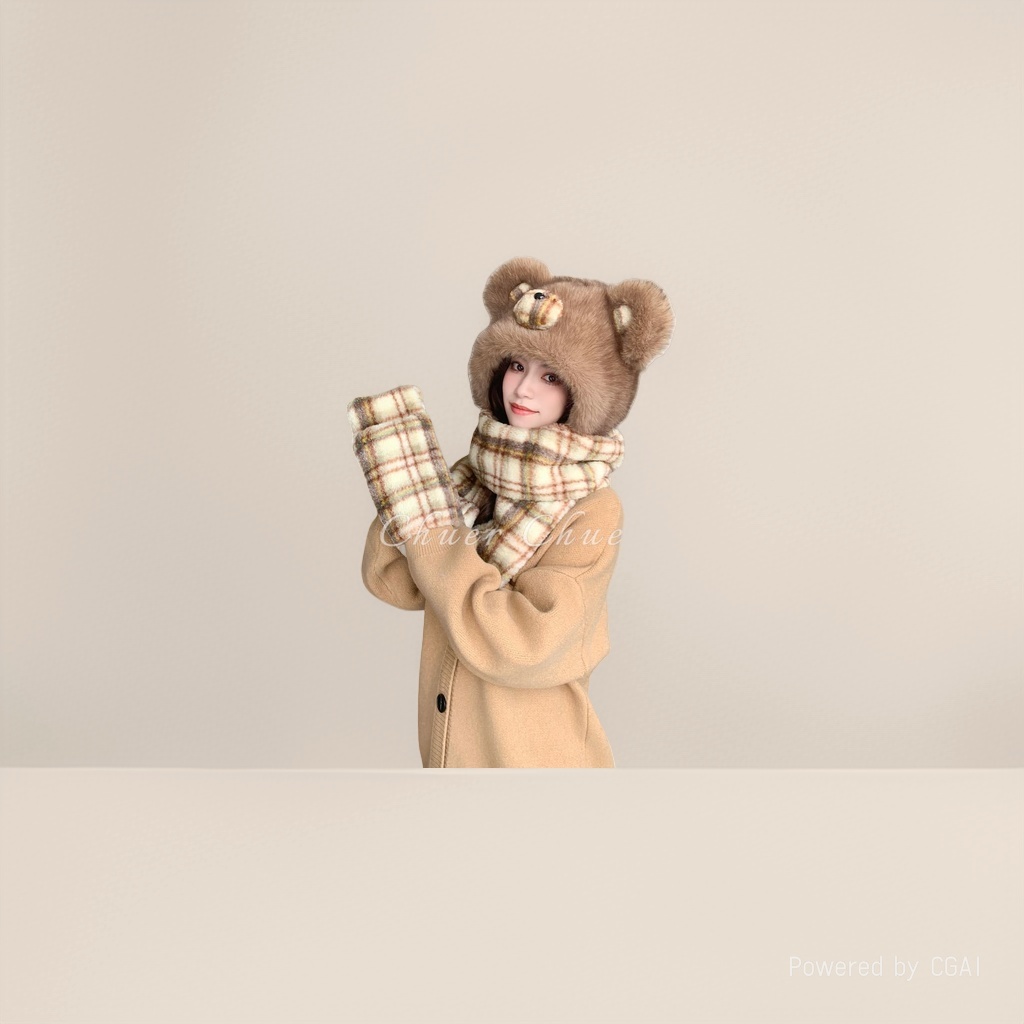 A checkered bear plush hat, scarf and gloves one-piece set for women's winter, thickened, warm, cold-proof and ear-protecting three-piece cap Specification image