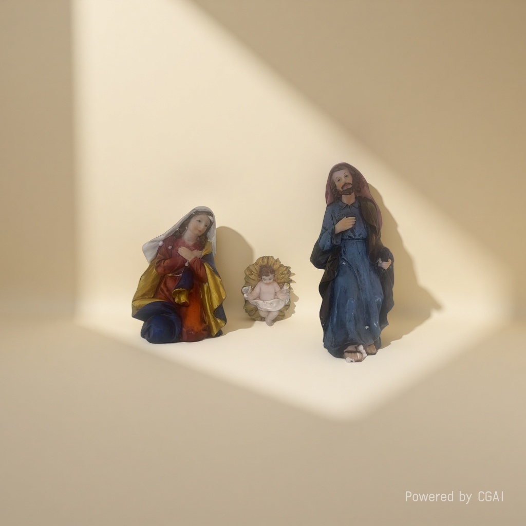 Virgin Mary, Infant Jesus, Saint Joseph Buddha statue, religious idol, resin Buddha statue details Picture