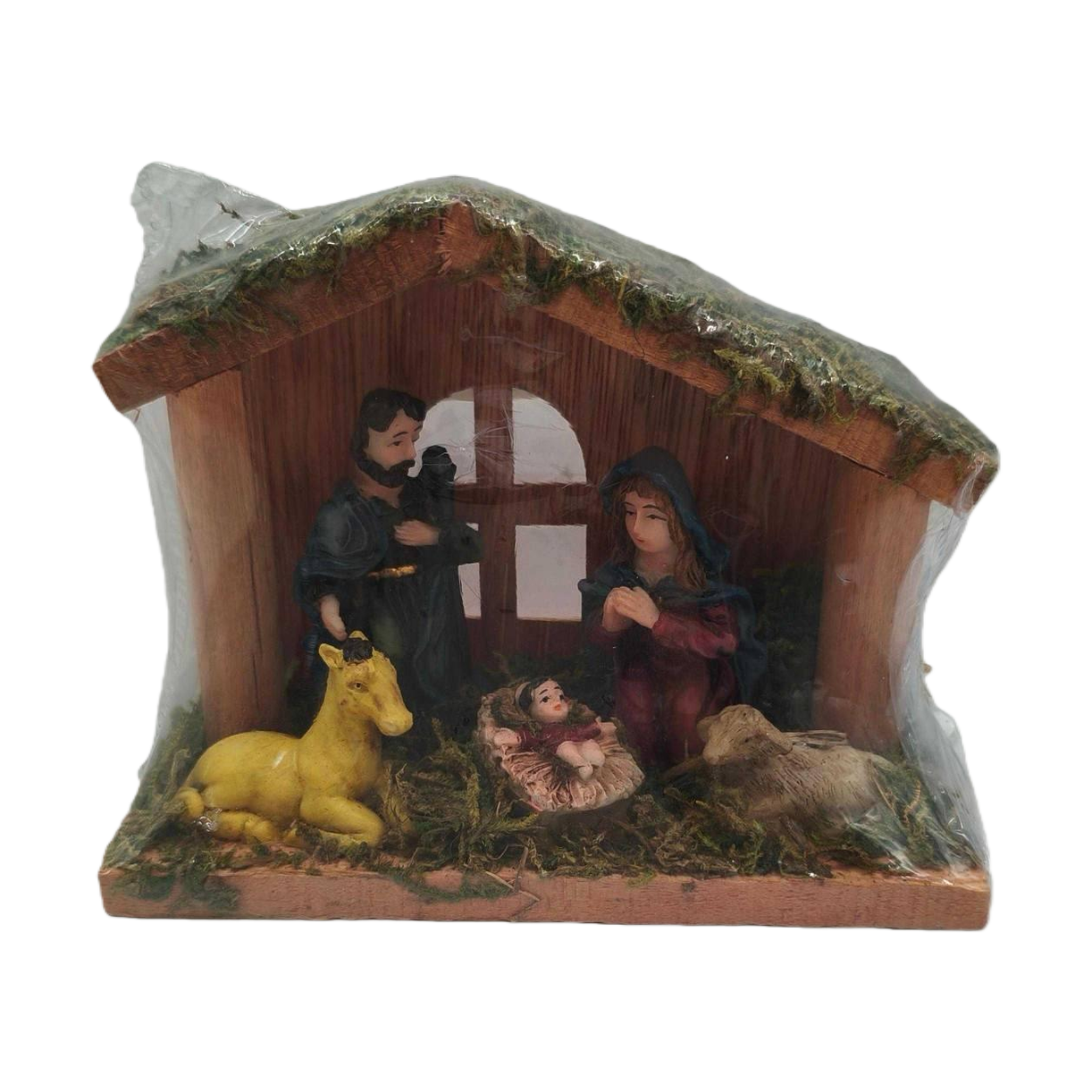 A miniature manger model of the Holy Family of three and animals in a Christmas scene Item Picture