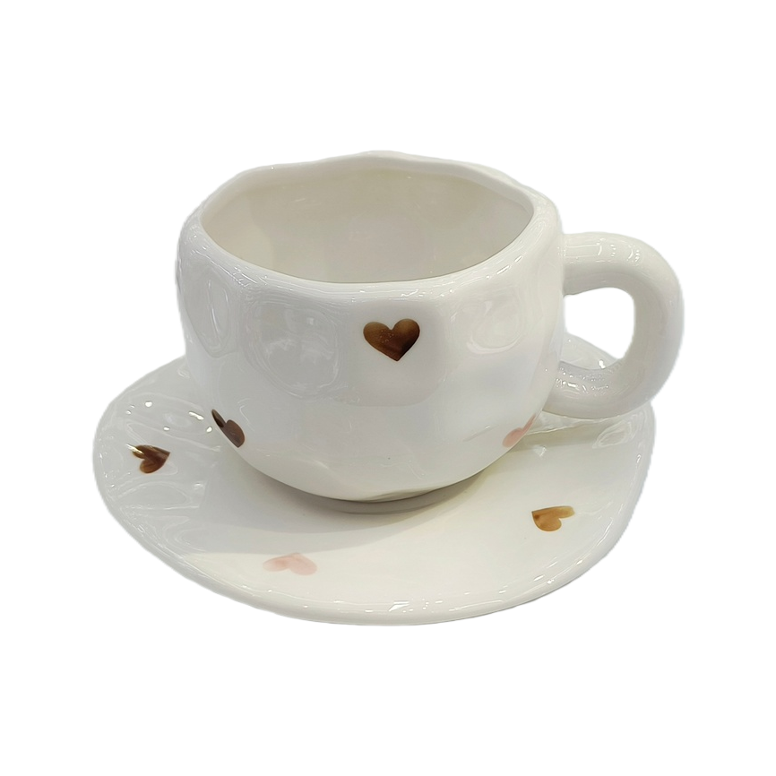 Beautiful coffee cup and plate set, commercial gift, irregular cross-border breakfast cup, ceramic country-style hand-painted underglaze color Item Picture