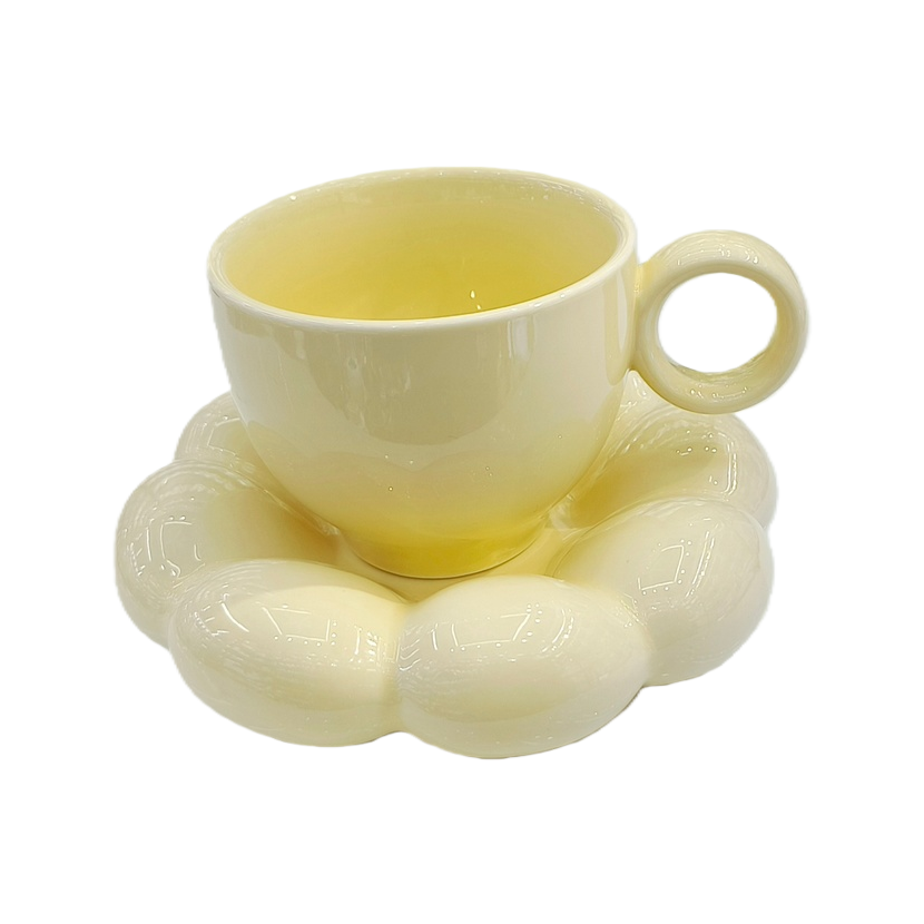 Light yellow luxury coffee cup set, afternoon tea cups with high appearance level, breakfast cups, and niche ins-style creative flower cups Item Picture