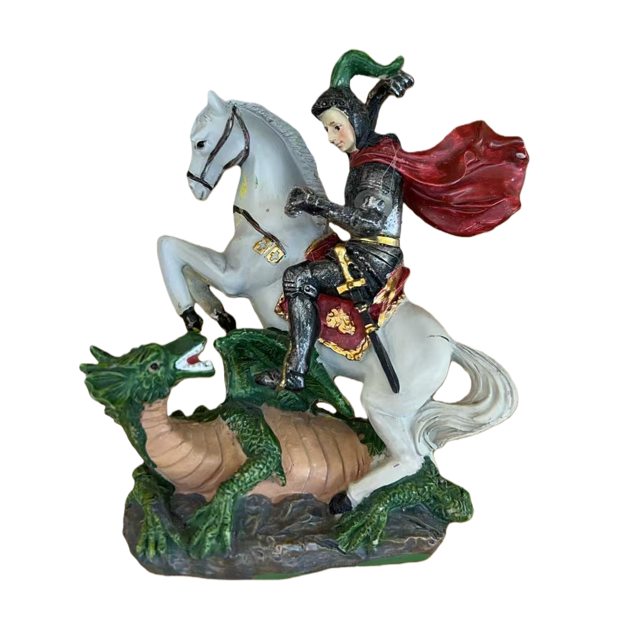 A statue of a knight riding a horse and slaying a dragon Item Picture