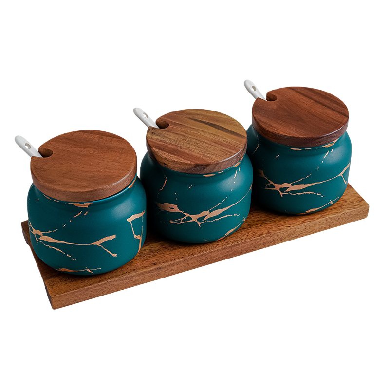Light luxury seasoning jar, ceramic seasoning box set, kitchen household salt jar, high appearance level seasoning jar, seasoning bottle storage box set of three Item Picture