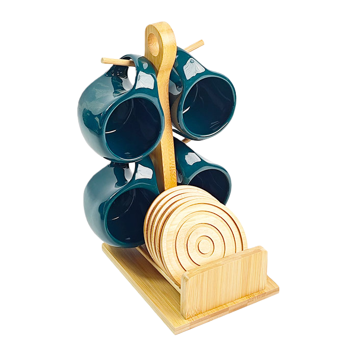 Coffee cup and saucer set, simple water ware, ceramic heat-resistant water cup, creative 6-piece set with bamboo stand coasters for home use Item Picture