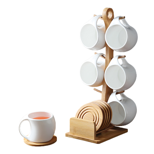 Coffee cup and saucer set, simple water ware, ceramic heat-resistant water cup, creative 6-piece set with bamboo stand coasters, home use 112421558 Item Picture