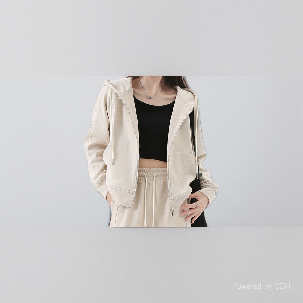 Beige hooded seamless halter jacket jacket baseball jacket Application Scenario