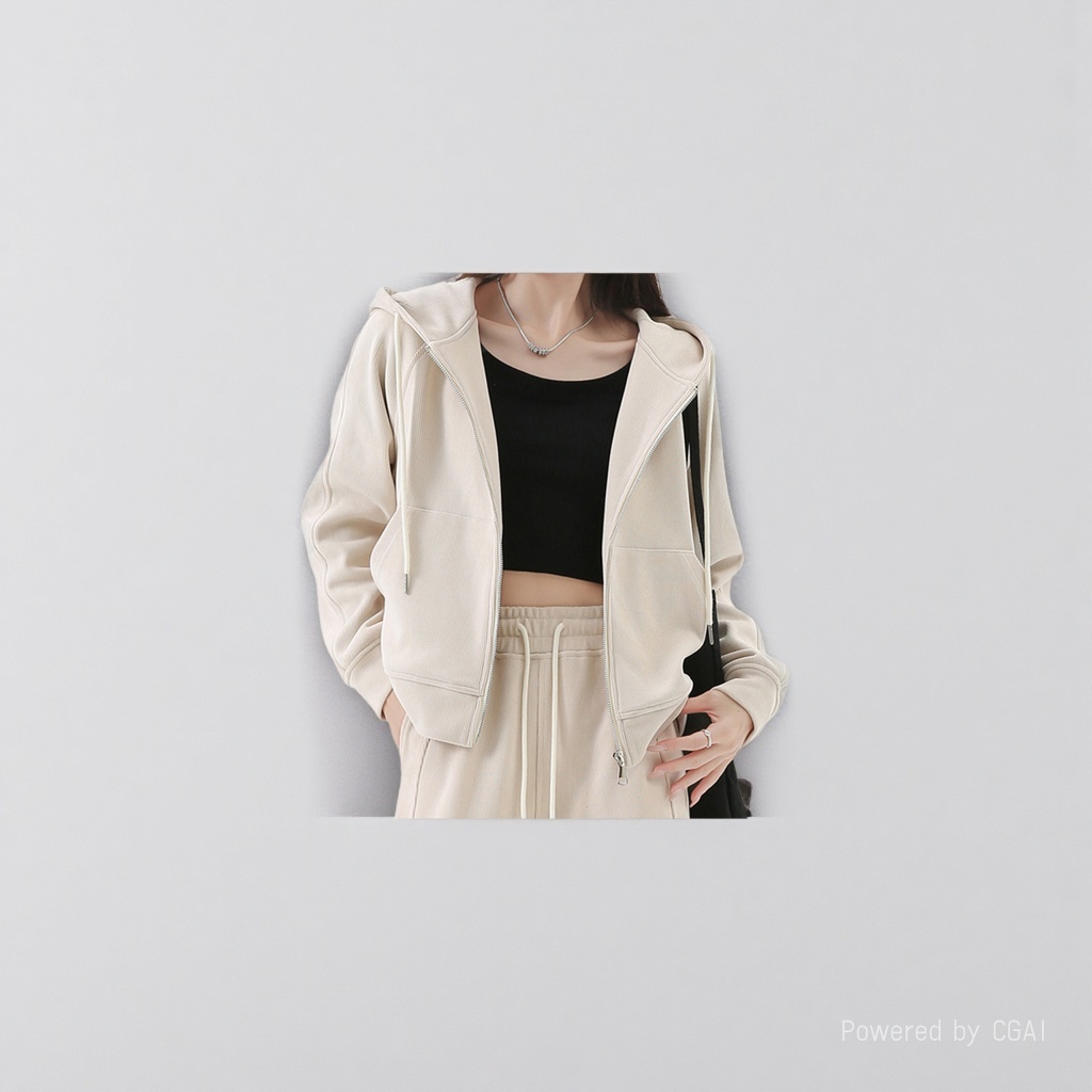 Beige hooded seamless halter jacket jacket baseball jacket Specification image