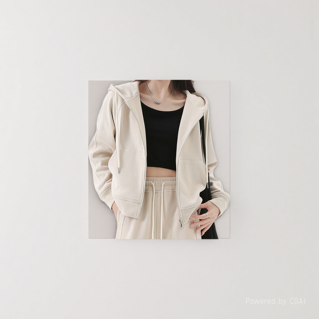 Beige hooded seamless halter jacket jacket baseball jacket details Picture