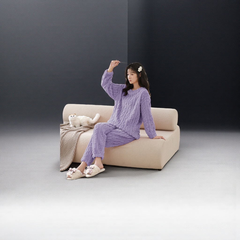紫色毛绒性感睡衣套装女士夏款家居服睡裤