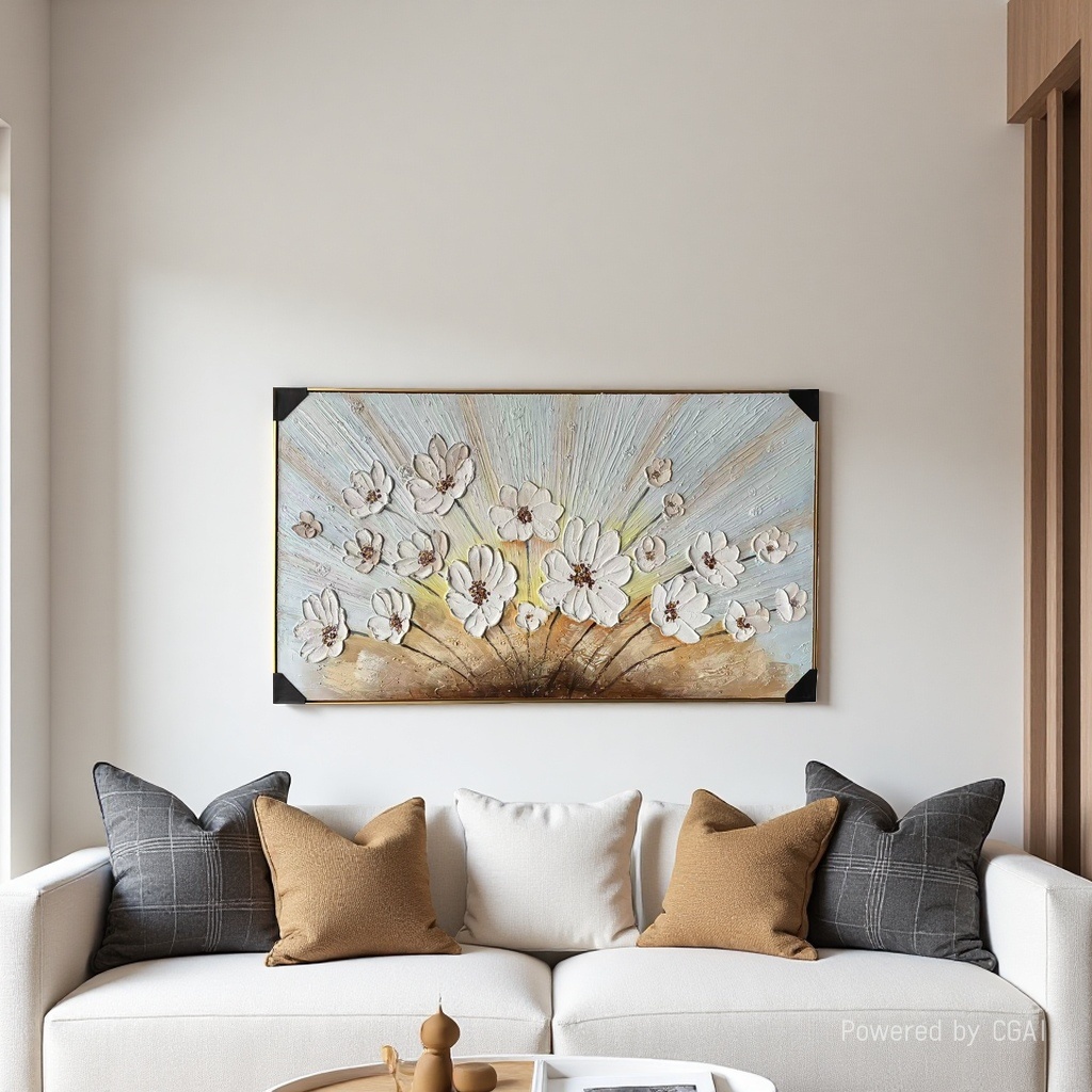 Nordic abstract gilded flower mural, simple and elegant bedroom horizontal art hanging painting, healing living room decoration painting /2 texture oil painting style gilded flower bouquet mural Specification image