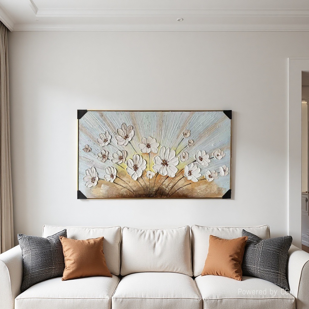 Nordic abstract gilded flower mural, simple and elegant bedroom horizontal art hanging painting, healing living room decoration painting /2 texture oil painting style gilded flower bouquet mural Application Scenario