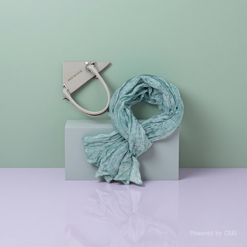 Light green woolen women's long scarf, silk scarf, square scarf, shawl and ribbon details Picture