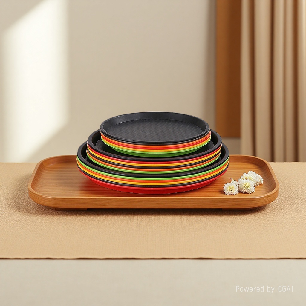 Colored plastic plates, melamine flat plates, 10-inch stainless steel dinner plates, serving plates Application Scenario