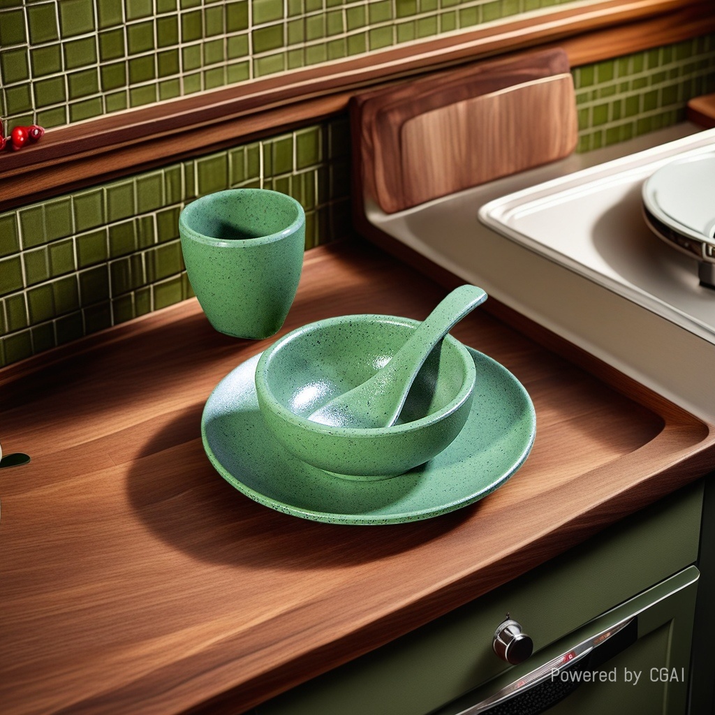 Green ceramic tableware set, bowls, spoons, cups and plates tableware set, ceramic tableware, tableware plates details Picture