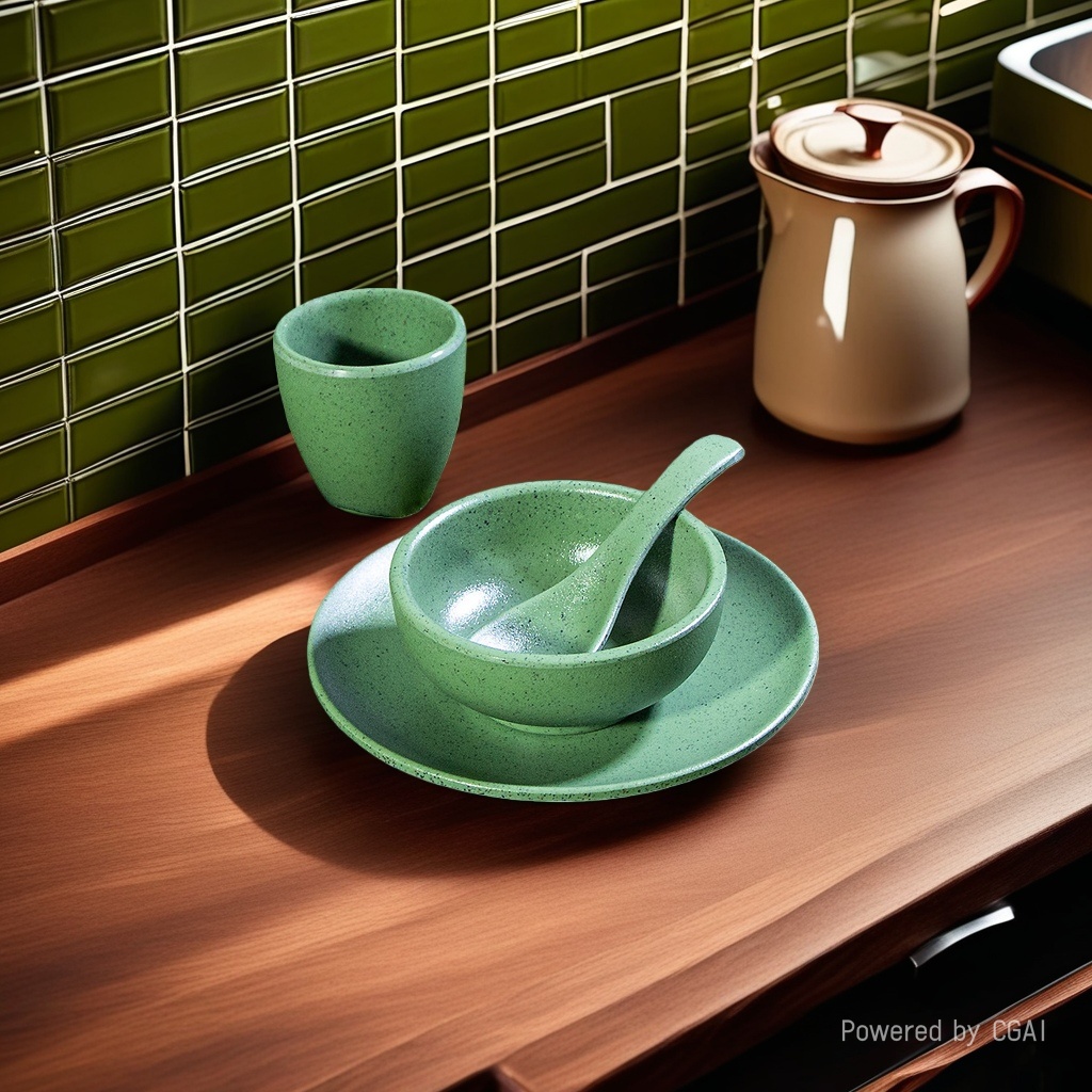 Green ceramic tableware set, bowls, spoons, cups and plates tableware set, ceramic tableware, tableware plates Application Scenario