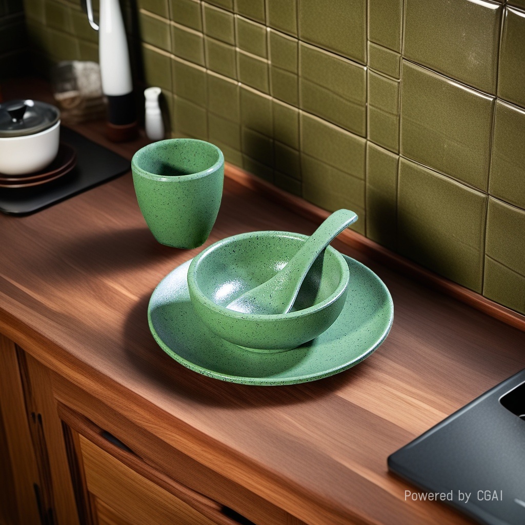 Green ceramic tableware set, bowls, spoons, cups and plates tableware set, ceramic tableware, tableware plates Specification image