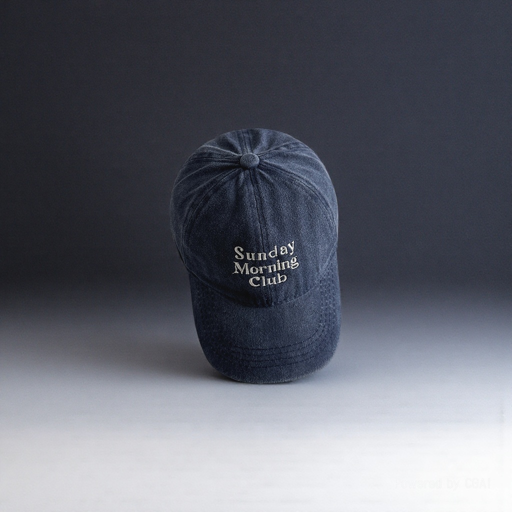 Dark blue adult baseball cap Sun protection cap Sunday Morning Club text cap details Picture