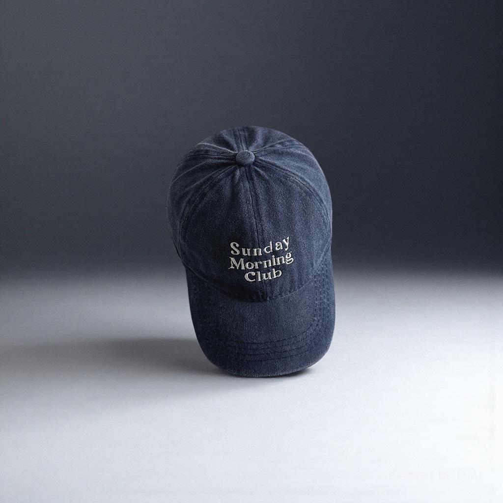Dark blue adult baseball cap Sun protection cap Sunday Morning Club text cap