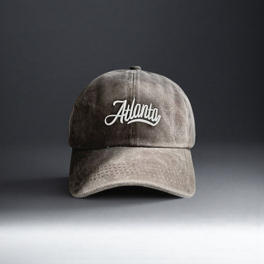 Grey Atlanta baseball cap, adult sun protection hat, straw hat, white embroidered words