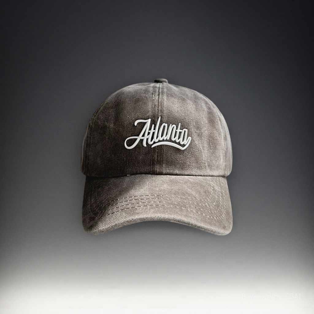 Grey Atlanta baseball cap, adult sun protection hat, straw hat, white embroidered words Specification image