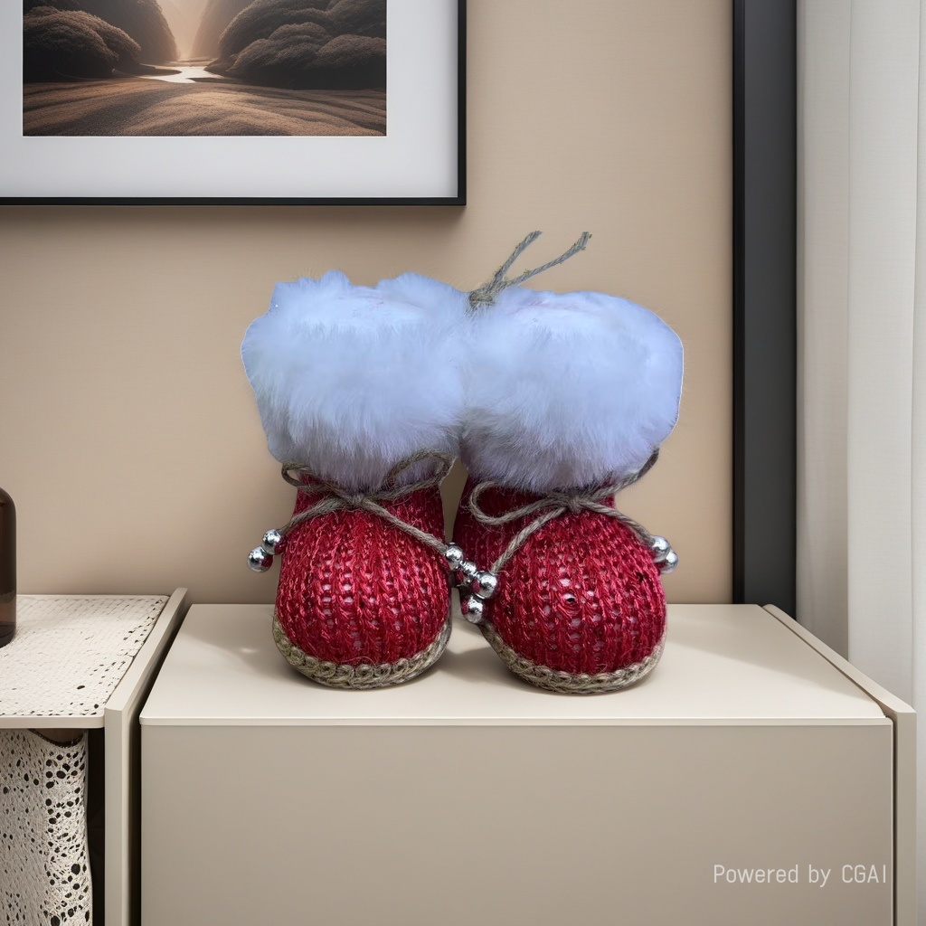 Red woolen woven Christmas boots are Christmas home decorations