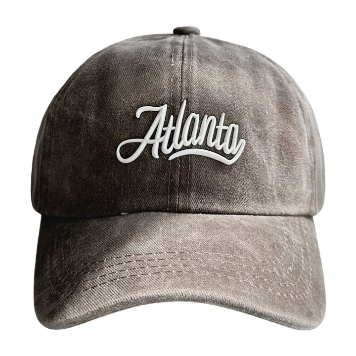 Grey Atlanta baseball cap, adult sun protection hat, straw hat, white embroidered words Item Picture